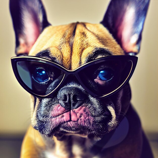 Cão buldogue francês posando com óculos de sol retrato renderização em 3d