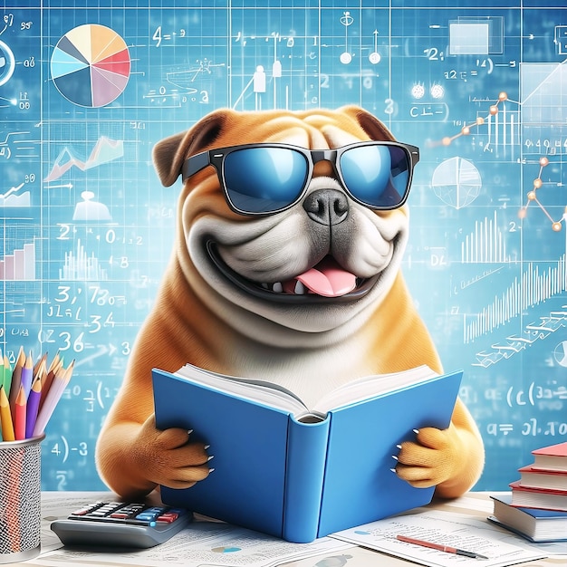 Cão buldogue sorrindo com óculos de sol lendo livro e resolvendo análise de dados matemáticos em conceito foto gratuita