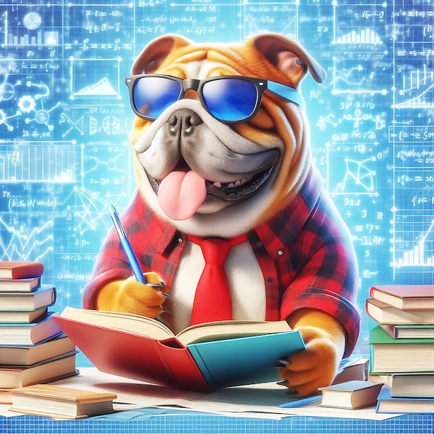 Cão buldogue sorrindo com óculos de sol lendo livro e resolvendo análise de dados matemáticos em conceito foto gratuita
