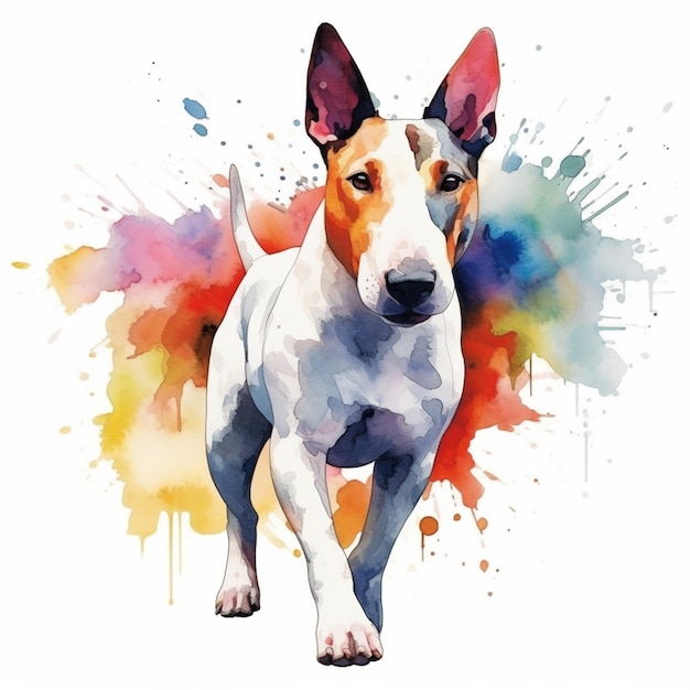 cão bull terrier arrafado com manchas coloridas em um fundo branco generativo ai