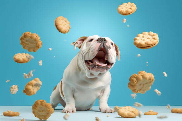 Foto cão bulldog branco sentado e biscoitos voando no ar sobre um fundo azul