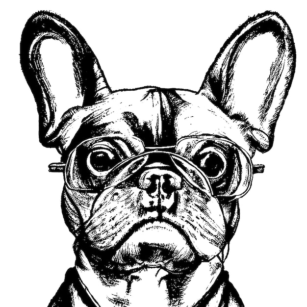 Cão Bulldog Francês usa uma linha de óculos desenhando desenho animado preto e branco