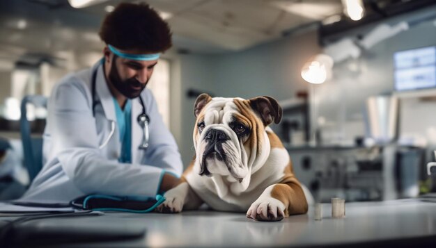 Foto cão bulldog inglês em uma clínica veterinária com um veterinário