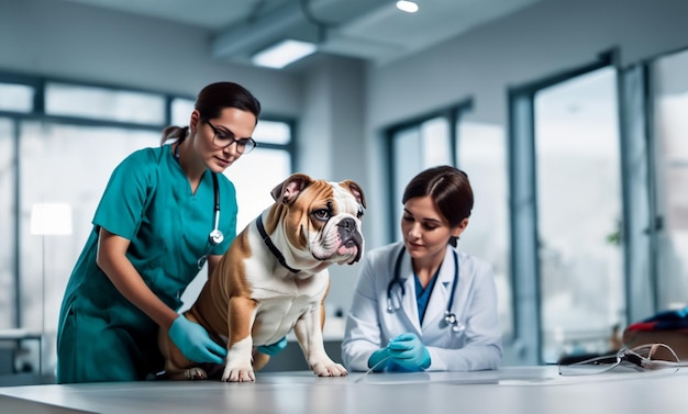 Foto cão bulldog inglês em uma clínica veterinária com um veterinário
