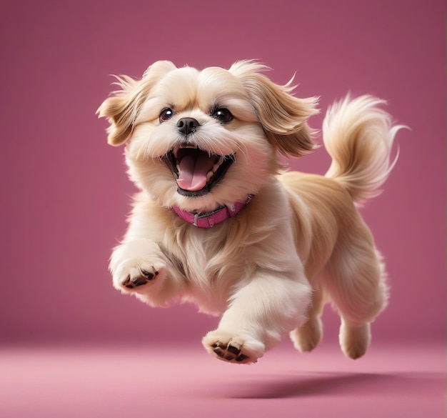 cão cachorro animal de estimação um pequeno cão correndo através de um fundo rosa