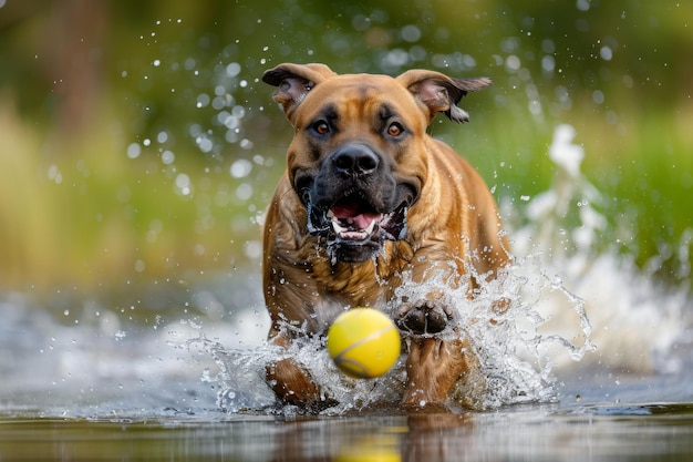 Foto cão canídeo correndo pela água com uma bola de tênis amarela na boca