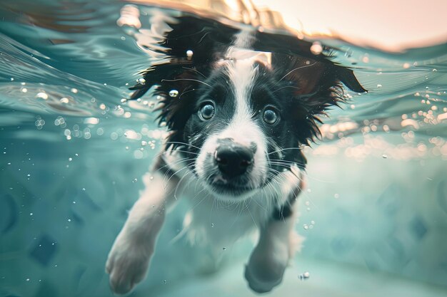 Foto cão canídeo preto e branco nadando na piscina animal de trabalho na água