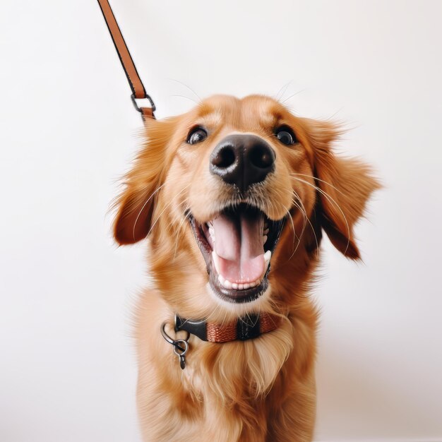 Cão castanho com coleira ao pescoço