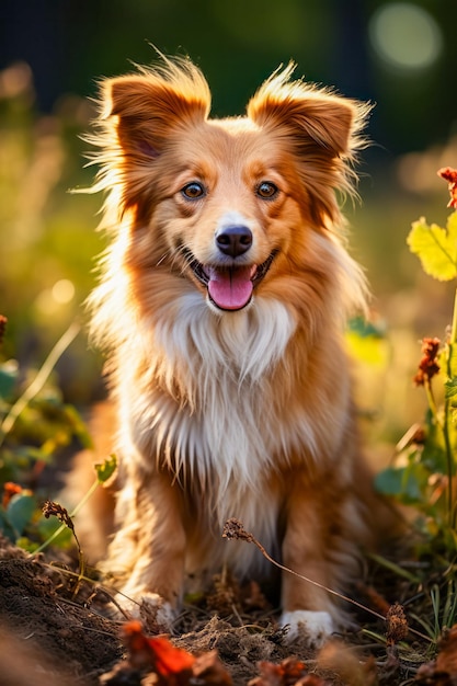 Cão castanho e branco sentado em um campo de flores IA generativa