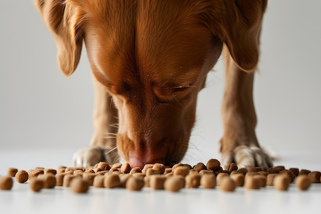 Foto cão castanho faminto comendo bolinhos de comida para cães no chão tempo de alimentação canina capturado em um estilo simples e limpo perfeito para temas de cuidados com animais de estimação ai