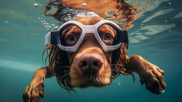 Cão castanho usando óculos de proteção para nadar debaixo d'água IA generativa