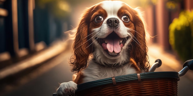 Cão Cavalier King Charles Spaniel se diverte andando de bicicleta na manhã do sol no verão na rua da cidade