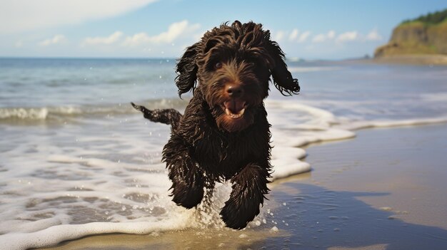 Foto cão cavapoo na praia