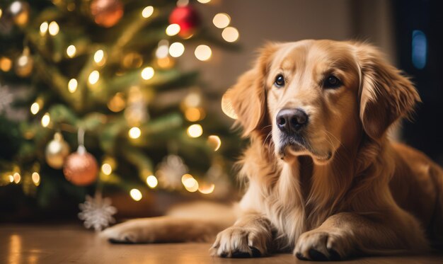 Cão celebrando o Natal perto da árvore de Natal