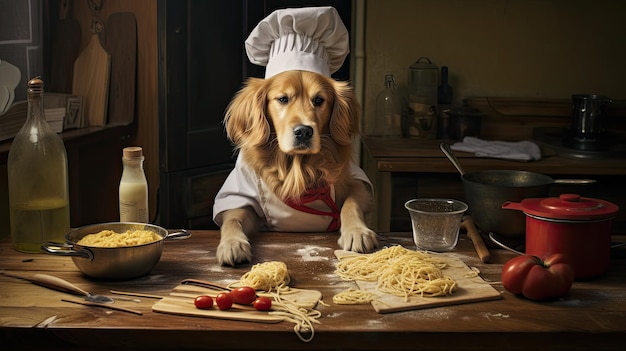 Cão-chefe cozinhando massas