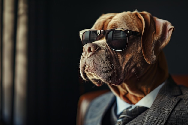 Cão chefe vestindo terno de negócios e óculos de sol retrato de escritório