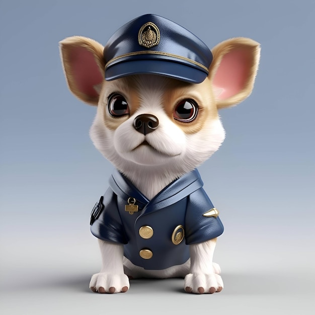 Cão chihuahua bonito vestido como um policial com boné azul e uniforme azul