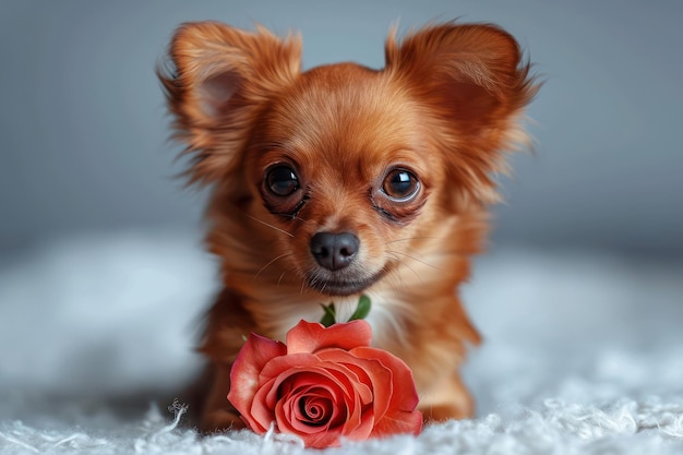Cão Chihuahua castanho com flor de rosa em close-up generativo de IA