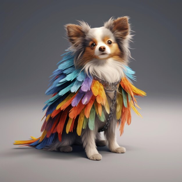 Cão Chihuahua colorido em traje de penas de asa de avestruz