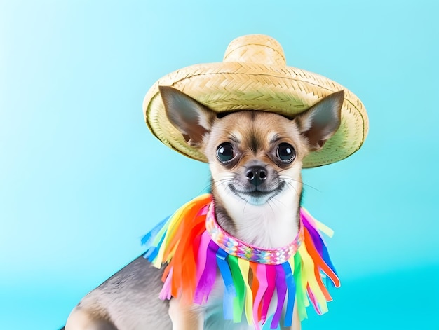 Cão chihuahua com chapéu sombrero mexicano moda cinco de mayo