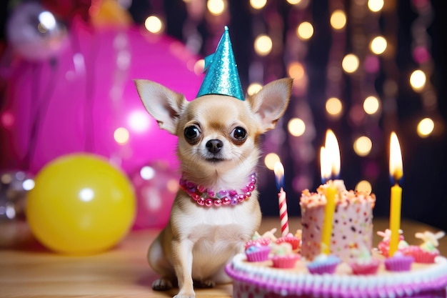 Cão chihuahua com um chapéu de festa com um bolo com velas em frente a uma sala decorada com balões