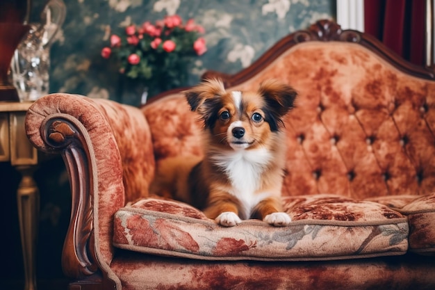 Cão chihuahua de cabelos compridos senta-se no sofá vintage cortado animal de estimação no sofá generative AI