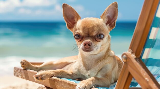 Cão Chihuahua descansando em uma cadeira na praia vibra com uma giro bonito