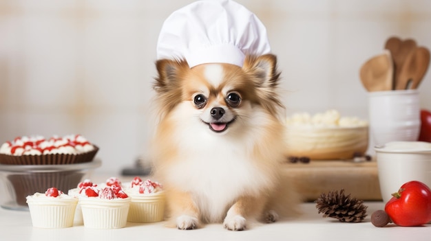 Foto cão chihuahua humorístico assando uma torta em um avental em um fundo de cozinha branco com espaço de cópia