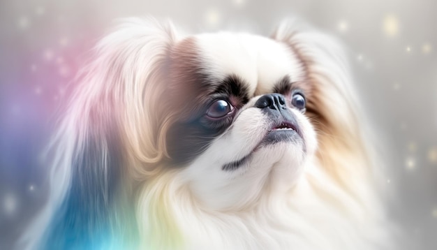 Cão Chin Japonês Plano Médio Branco Rosa Azul Fantasia Mágica Bokeh Generativa IA