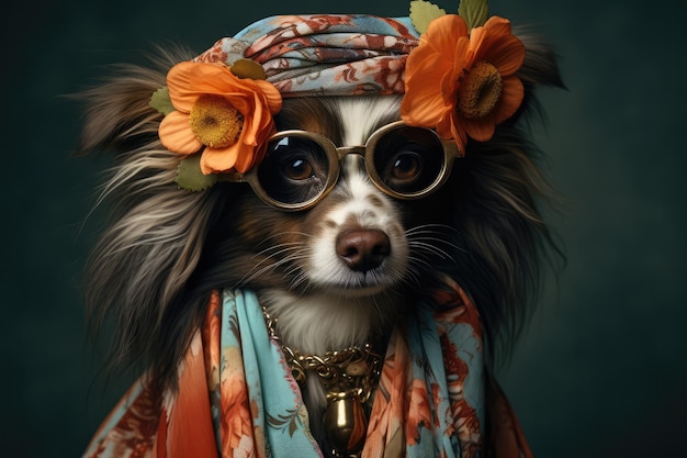 Cão chique em estilo boêmio moderno com uma faixa elegante