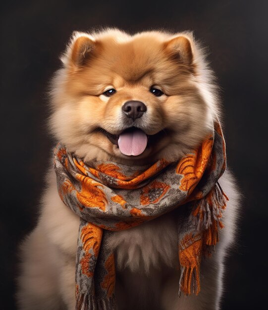 Cão chow chow sorridente com lenço em um retrato de fundo cinza