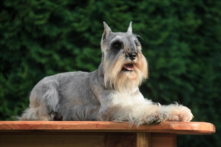 Foto cão cinza miniatura schnauzer deitado em um banco