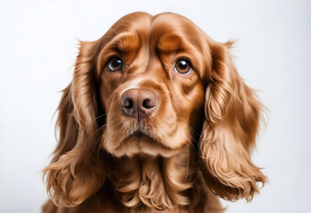 Cão Cocker Spaniel castanho com orelhas longas e olhos cheios de alma contra um fundo simples