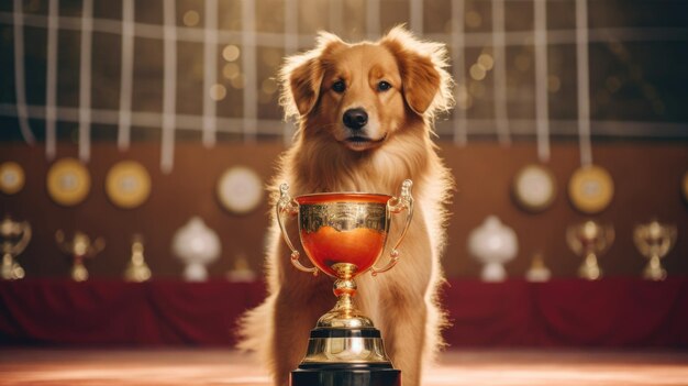 Foto cão com a taça de ouro do vencedor no show