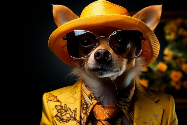 cão com casaco amarelo e óculos de sol com gravata