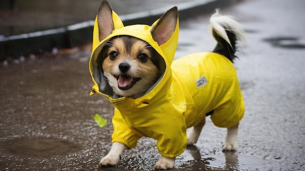 Foto cão com casaco de chuva