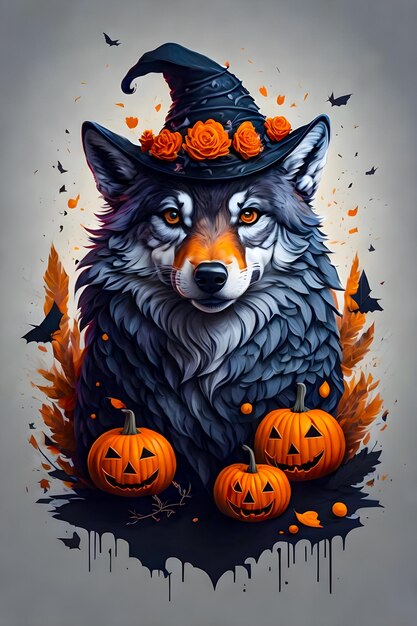 Foto cão com chapéu de bruxa desenho de camiseta de halloween de abóbora laranja