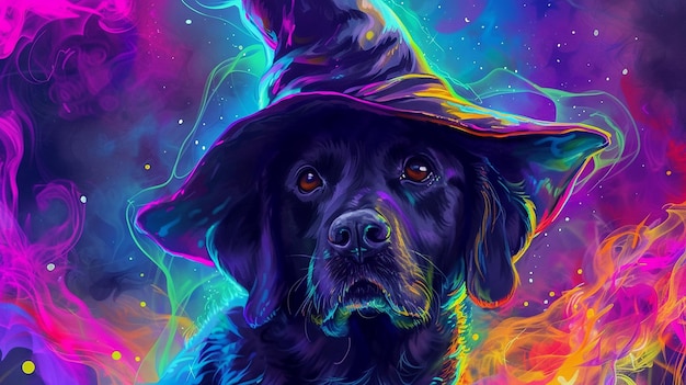 Cão com chapéu de feiticeiro com fundo colorido