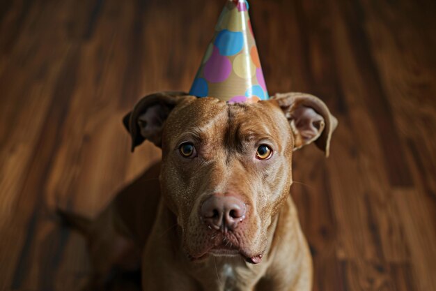 Cão com chapéu de festa de aniversário no chão