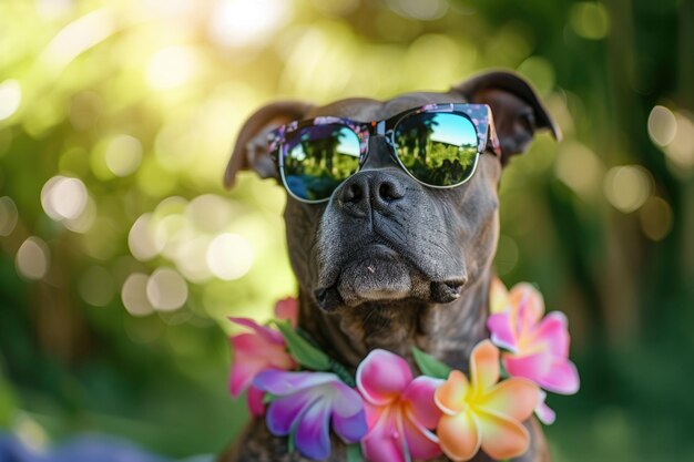 Cão com colar de flores havaianas e óculos de sol