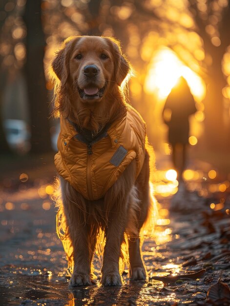 Cão com colete refletor dá prioridade à segurança durante a caminhada à noite