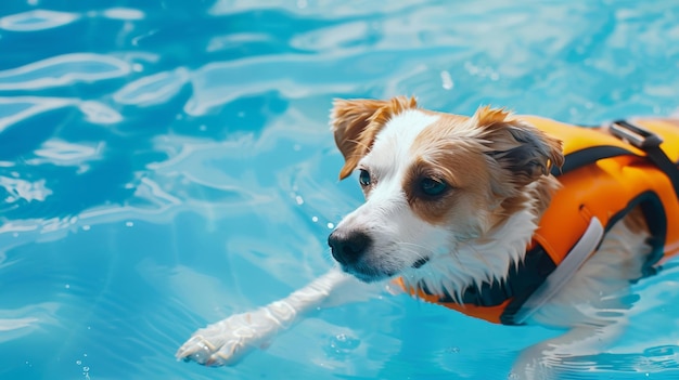 Cão com colete salva-vidas a nadar numa piscina a manter-se fresco e seguro