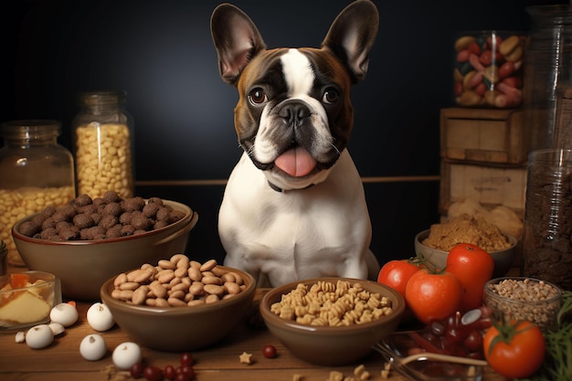 Foto cão com comida para cães bulldog chef