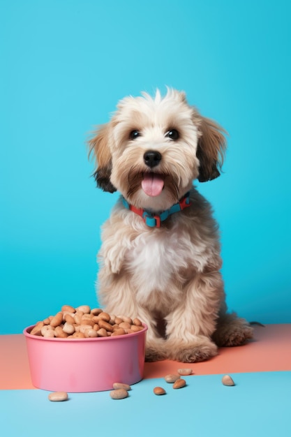 Cão com comida saudável para cães.