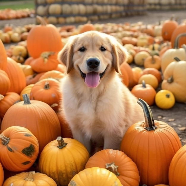 Cão com decorações de Halloween de abóbora