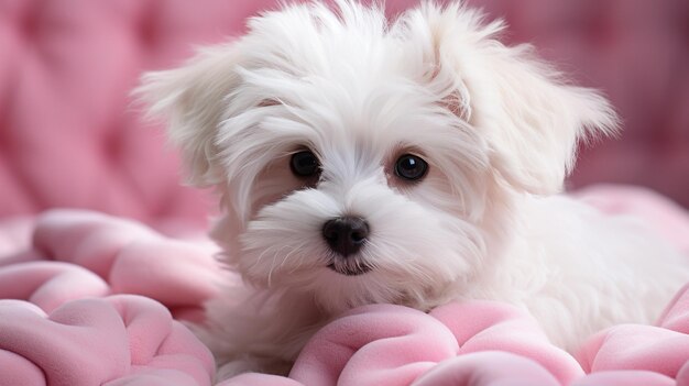 Cão com flores rosas