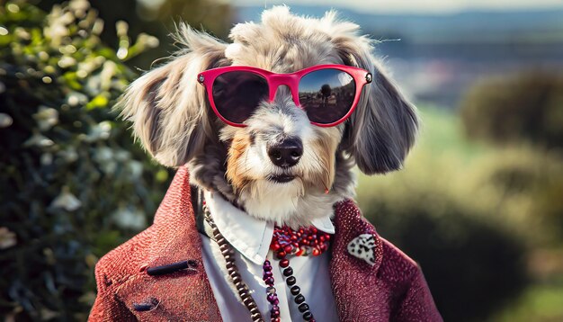 Foto cão com grande senso de moda.