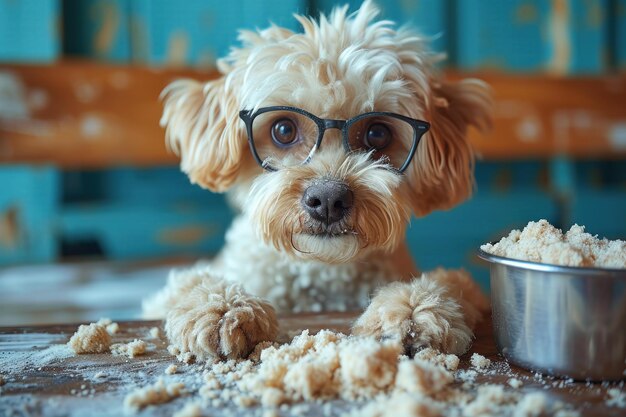 Cão com óculos ao lado da tigela de comida