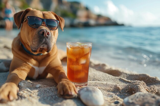 Cão com óculos de sol a esfriar no mar no verão criado com tecnologia de IA generativa