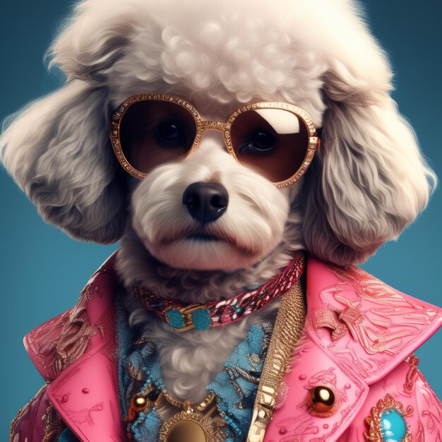 cão com óculos de sol dourados e uma gravata em uma jaqueta rosa um cão legal com um cão